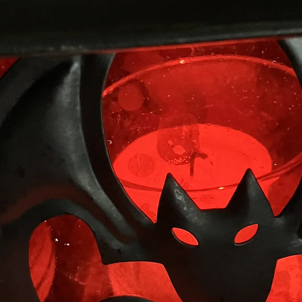 Illuminations Votive Lantern / Bats / Black Metal / Tea Light Holder / Red Glass